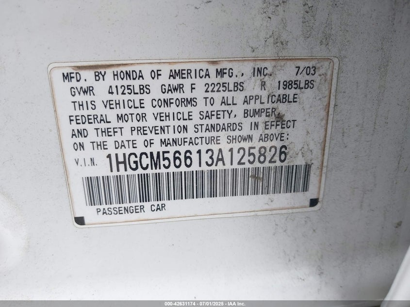 2003 Honda Accord 2.4 Ex VIN: 1HGCM56613A125826 Lot: 42631174