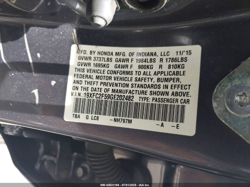 2016 Honda Civic Lx VIN: 19XFC2F59GE202482 Lot: 42631194