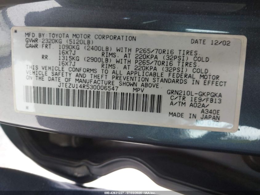 2003 Toyota 4Runner Sr5 Sport V6/Sr5 V6 VIN: JTEZU14R530006547 Lot: 42631227