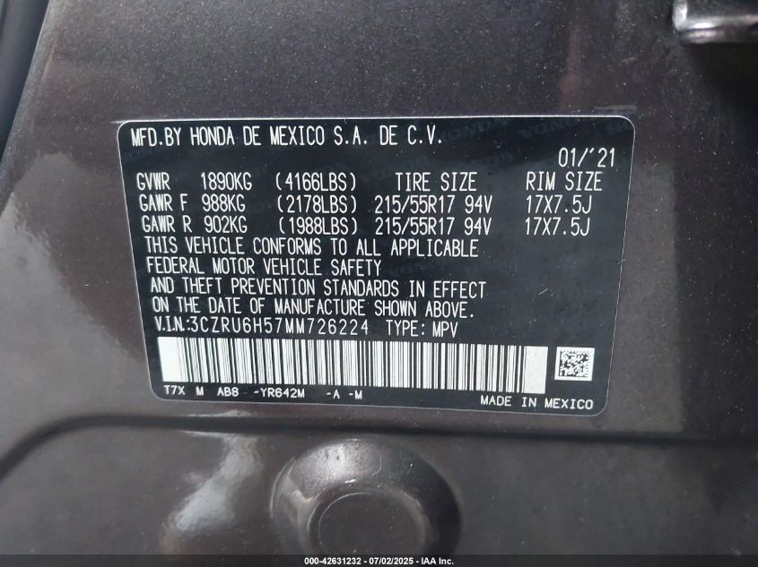 2021 Honda Hr-V Awd Ex VIN: 3CZRU6H57MM726224 Lot: 42631232