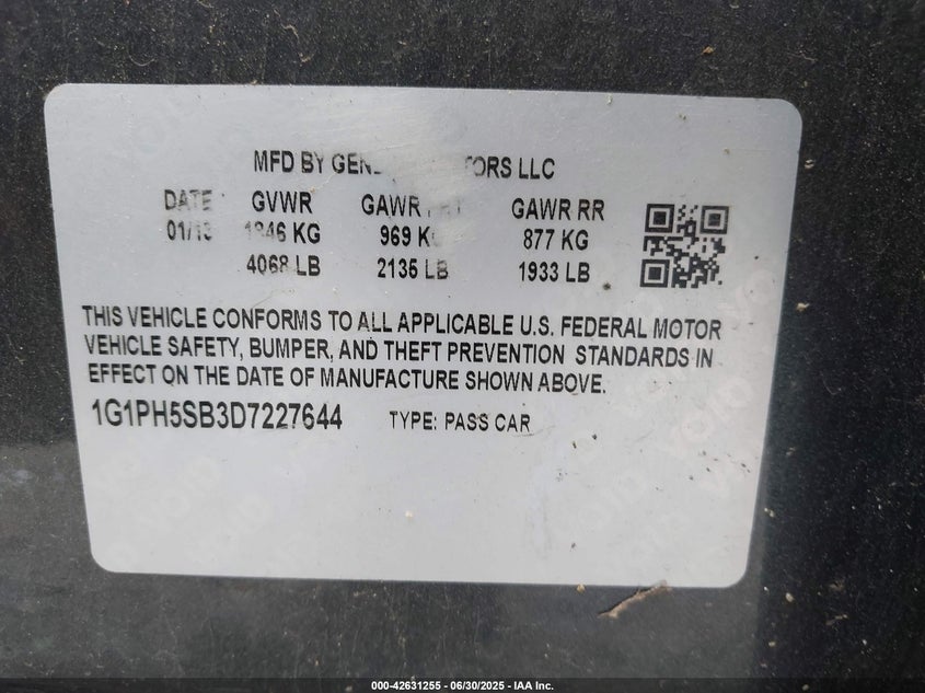 2013 CHEVROLET CRUZE VIN: 1G1PH5SB3D7227644