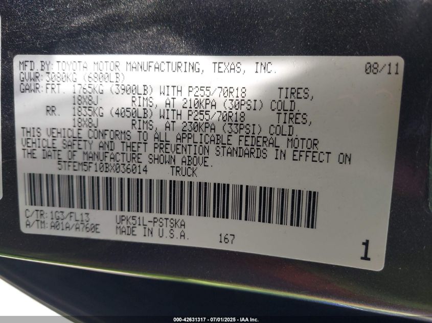 2011 Toyota Tundra Grade 4.6L V8 VIN: 5TFEM5F10BX036014 Lot: 42631317