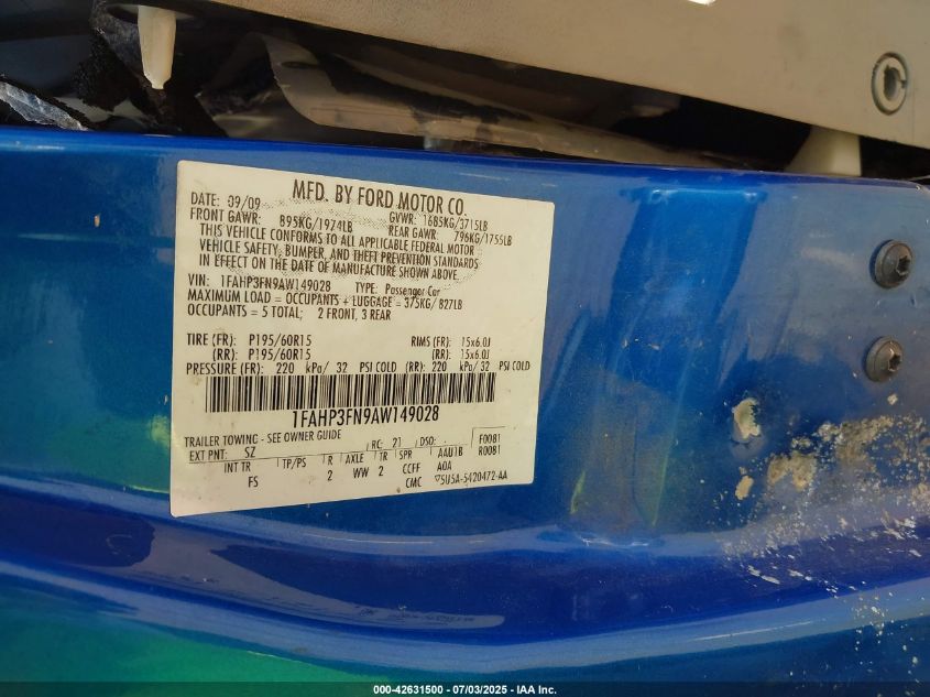 2010 Ford Focus VIN: 1FAHP3FN9W149028 Lot: 42631500