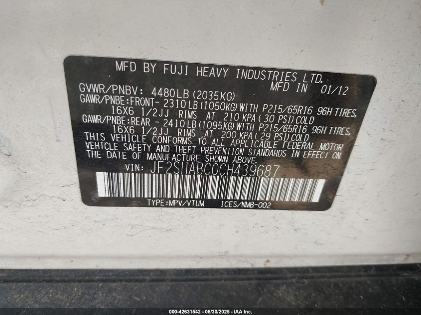 2012 Subaru Forester 2.5X VIN: JF2SHABC0CH439687 Lot: 42631542
