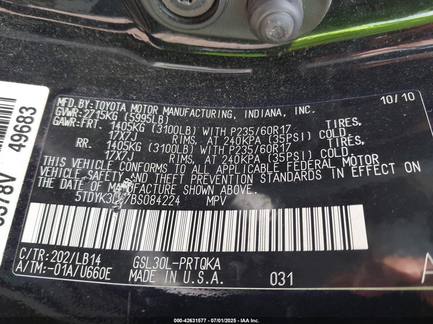 2011 TOYOTA SIENNA VIN: 5TDYK3DC7BS084224