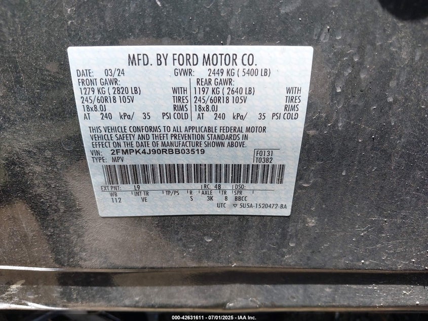 2FMPK4J90RBB03519 2024 Ford Edge 2.0 Sel Grey