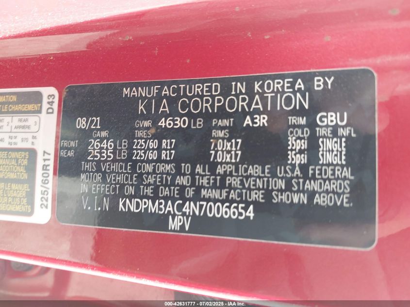 2022 Kia Sportage Lx VIN: KNDPM3AC4N7006654 Lot: 42631777