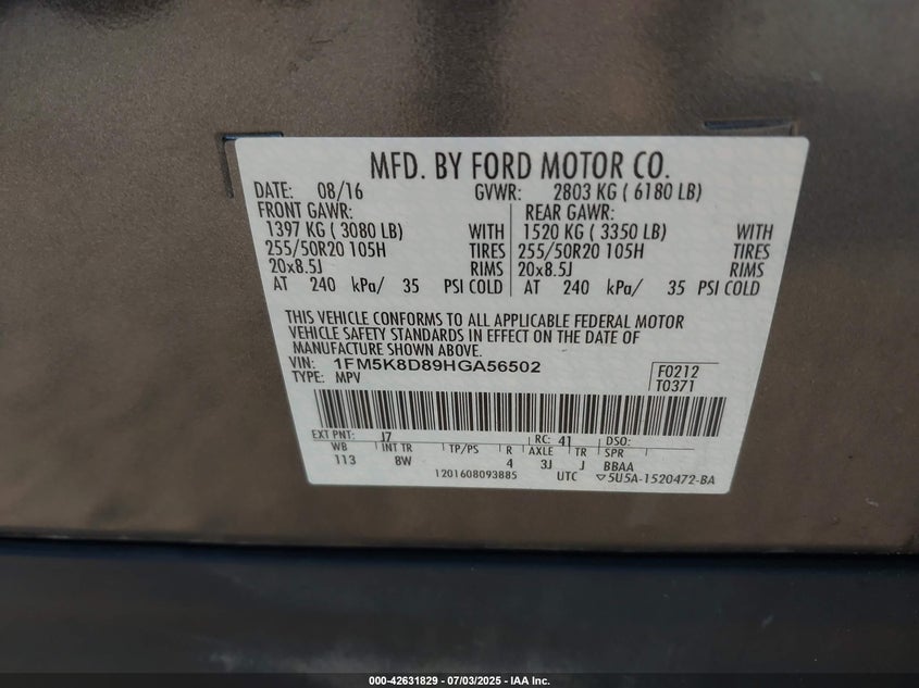 2017 FORD EXPLORER VIN: 1FM5K8D89HGA56502