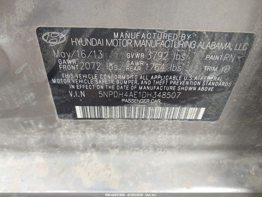 2013 Hyundai Elantra Gls/Limited VIN: 5NPDH4AE1DH348507 Lot: 42631906