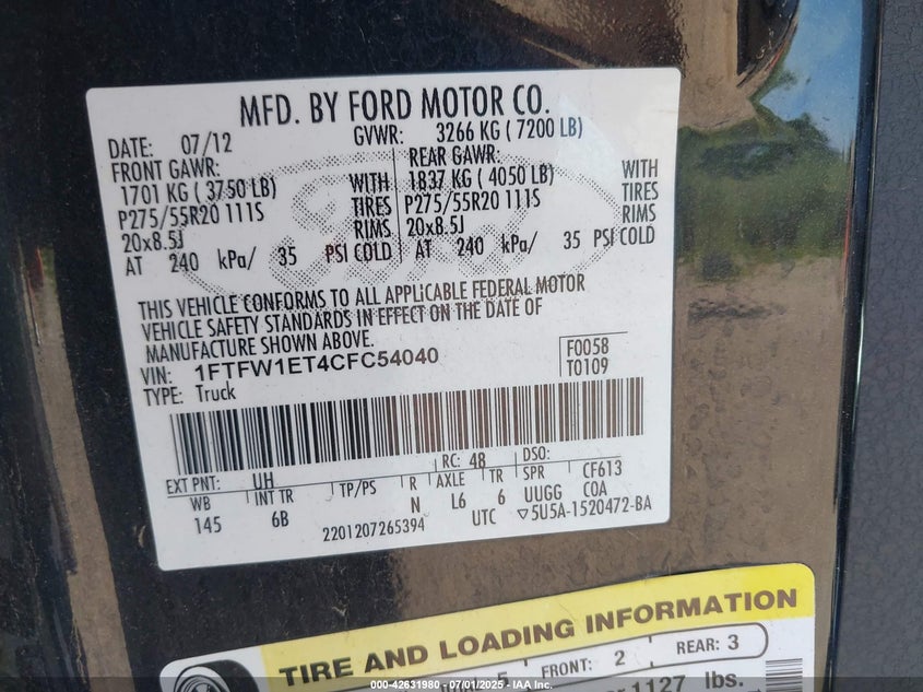 2012 FORD F150 VIN: 1FTFW1ET4CFC54040