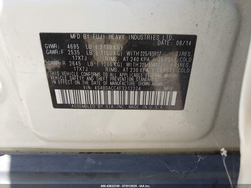 2015 SUBARU OUTBACK VIN: 4S4BSACC4F3212224
