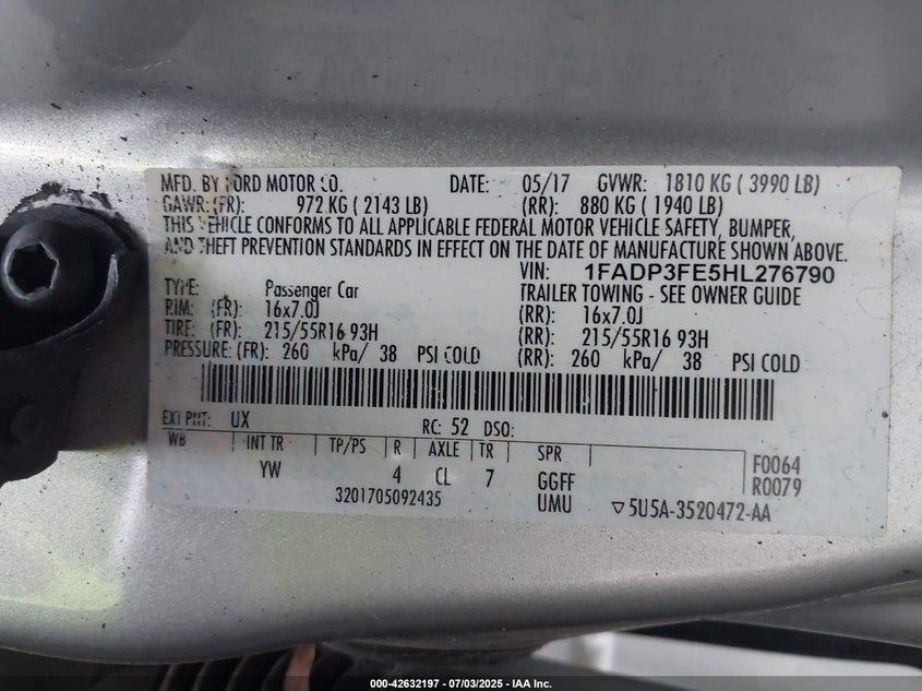 2017 FORD FOCUS VIN: 1FADP3FE5HL276790