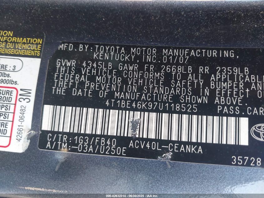 2007 Toyota Camry Le VIN: 4T1BE46K97U118525 Lot: 42632314