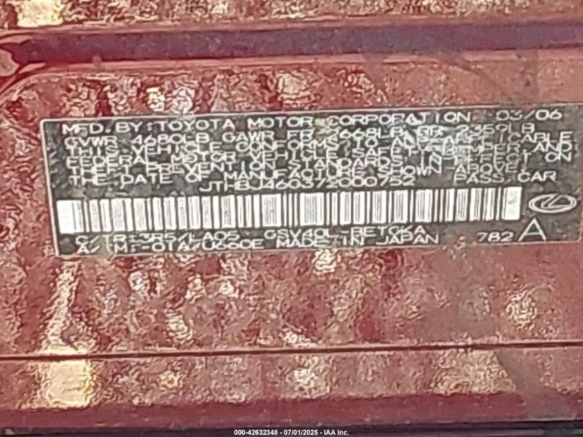 2007 Lexus Es 350 VIN: JTHBJ46G372000752 Lot: 42632348