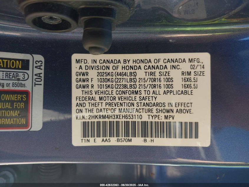 2014 HONDA CR-V VIN: 2HKRM4H3XEH653110