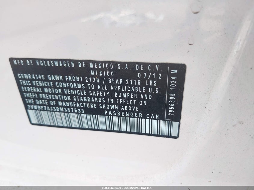 2013 VOLKSWAGEN JETTA VIN: 3VWBP7AJ3DM357533