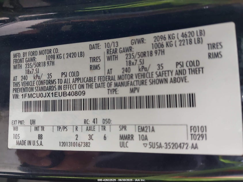 2014 FORD ESCAPE VIN: 1FMCU0JX1EUB40809