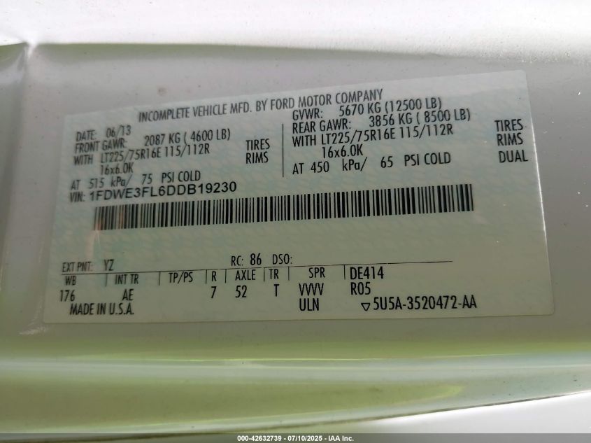 2013 Ford E-350 Cutaway VIN: 1FDWE3FL6DDB19230 Lot: 42632739