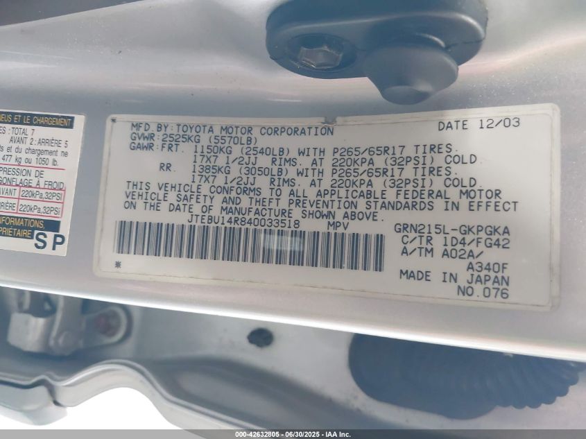 2004 Toyota 4Runner Sr5 V6 VIN: JTEBU14R840033518 Lot: 42632805