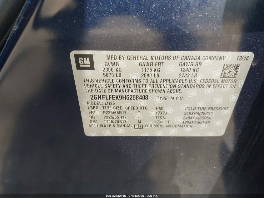2017 CHEVROLET EQUINOX VIN: 2GNFLFEK9H6268408