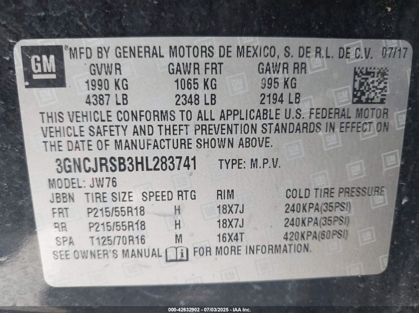 2017 Chevrolet Trax Premier VIN: 3GNCJRSB3HL283741 Lot: 42632902