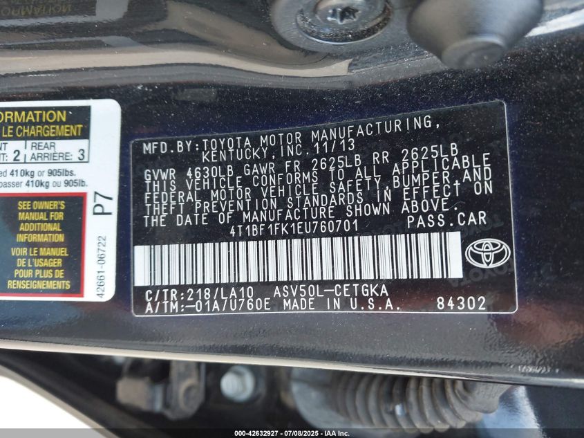 2014 Toyota Camry Xle VIN: 4T1BF1FK1EU760701 Lot: 42632927