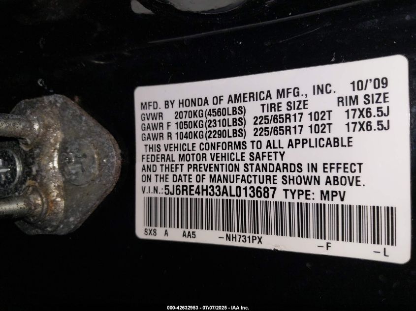 2010 Honda Cr-V Lx VIN: 5J6RE4H33AL013687 Lot: 42632953