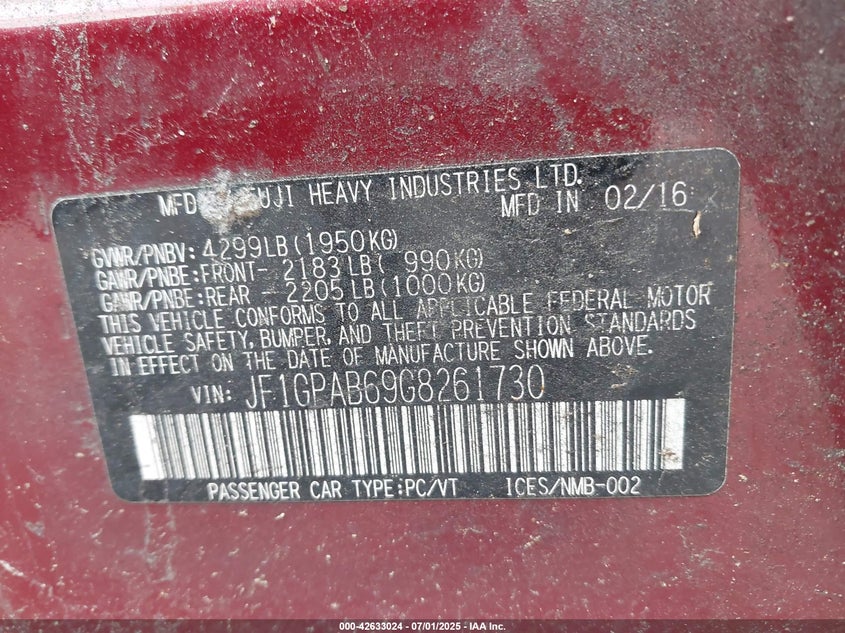 2016 SUBARU IMPREZA VIN: JF1GPAB69G8261730