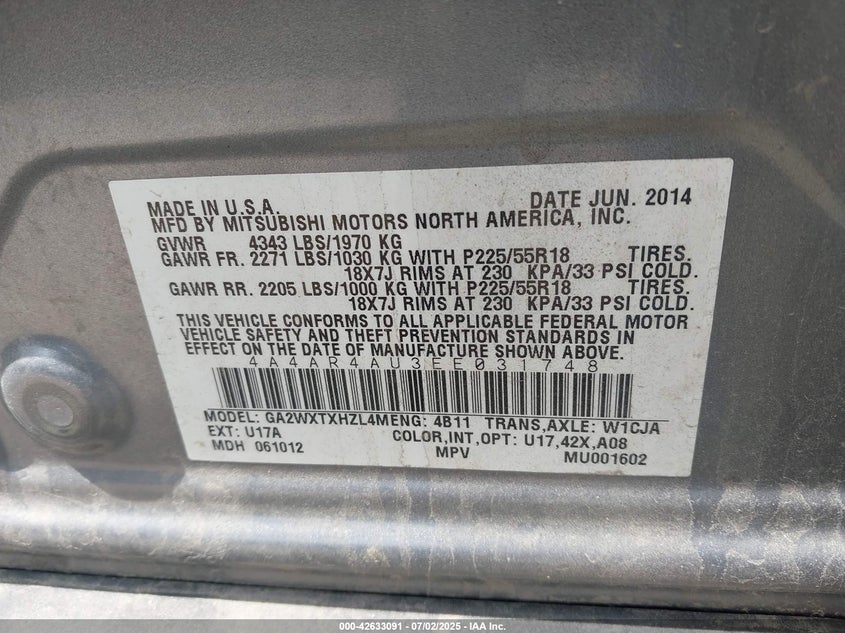 2014 MITSUBISHI OUTLANDER SPORT VIN: 4A4AR4AU3EE031748