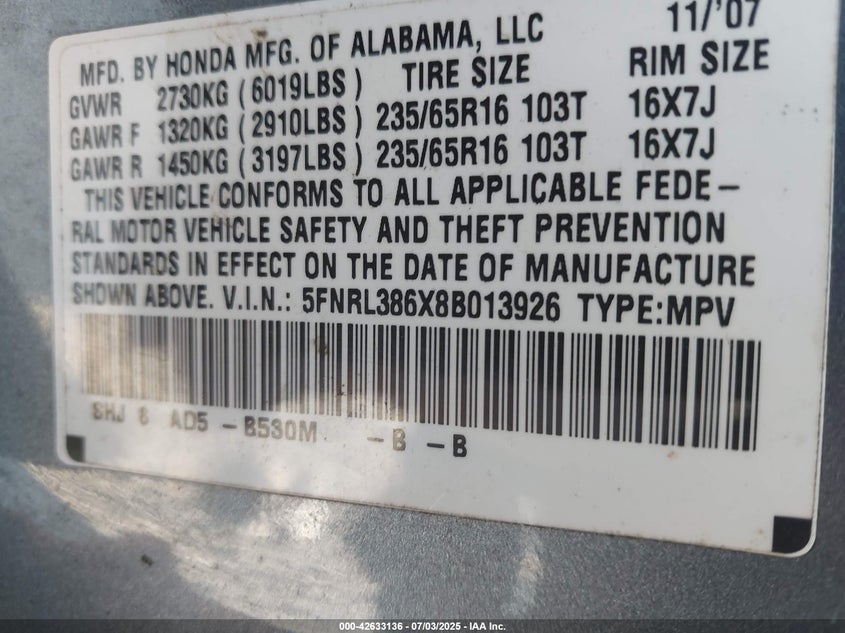 2008 Honda Odyssey Ex-L VIN: 5FNRL386X8B013926 Lot: 42633136