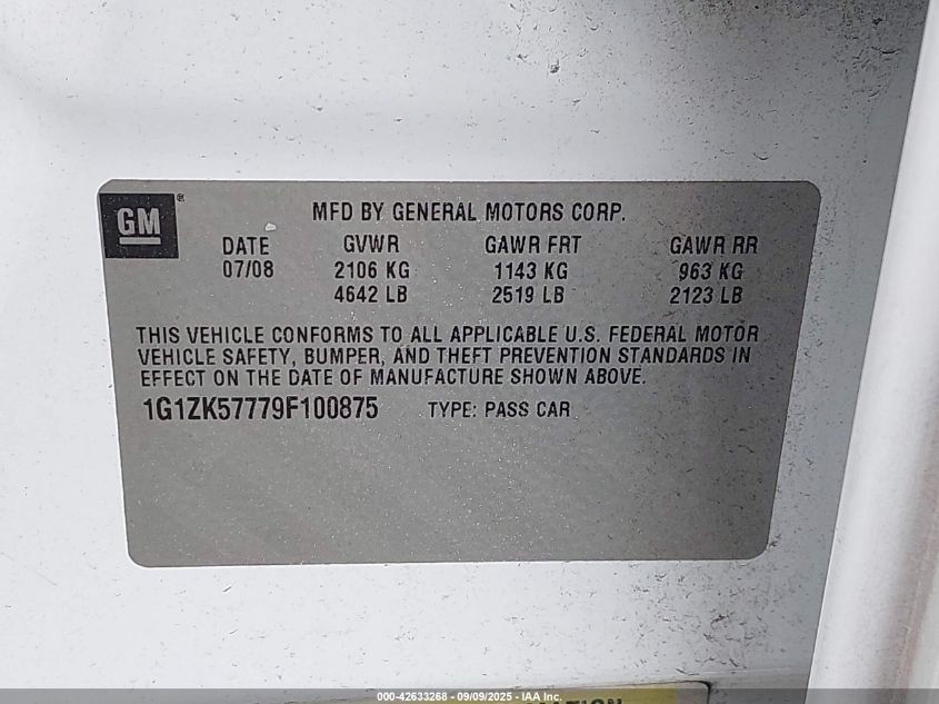 2009 Chevrolet Malibu Ltz VIN: 1G1ZK57779F100875 Lot: 42633268