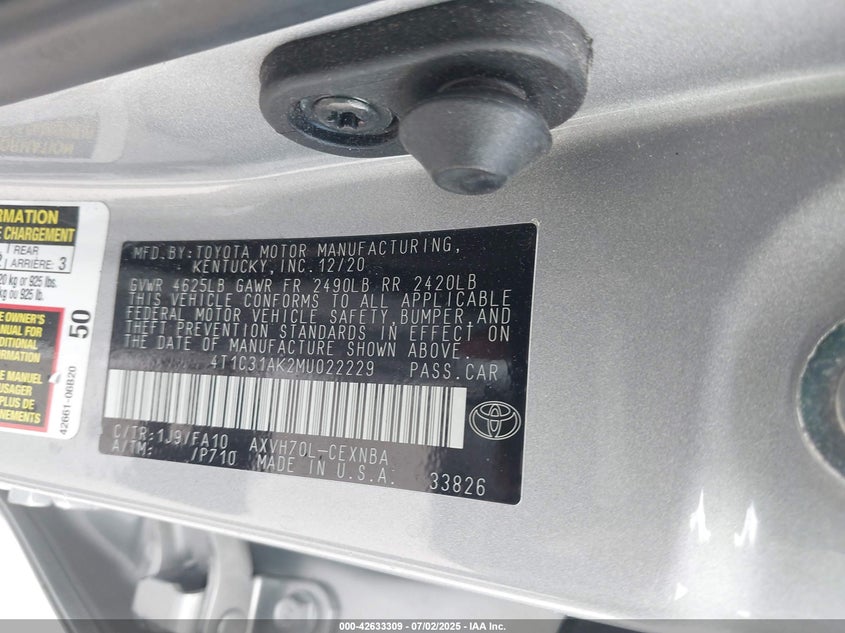 2021 TOYOTA CAMRY VIN: 4T1C31AK2MU022229