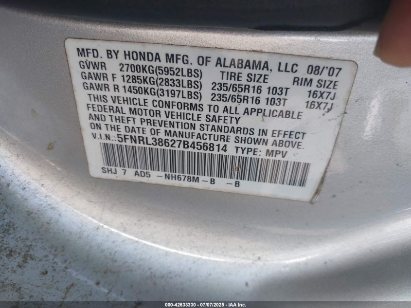 2007 Honda Odyssey Ex-L VIN: 5FNRL38627B456814 Lot: 42633330