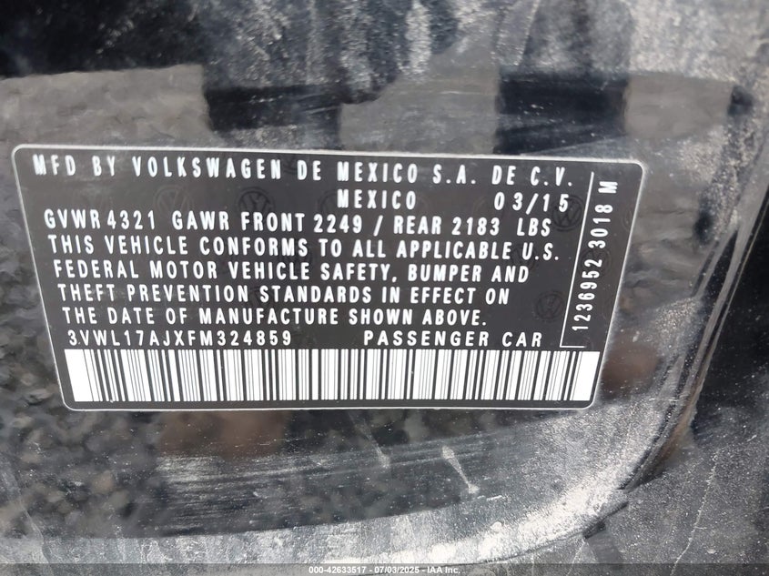 2015 VOLKSWAGEN JETTA 1.8T SEL - 3VWL17AJXFM324859