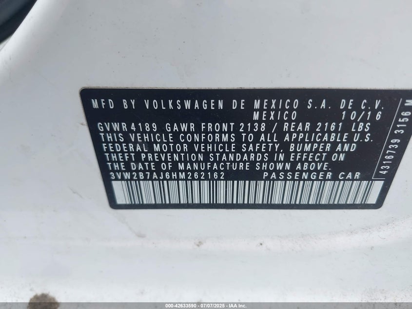2017 VOLKSWAGEN JETTA 1.4T S - 3VW2B7AJ6HM262162