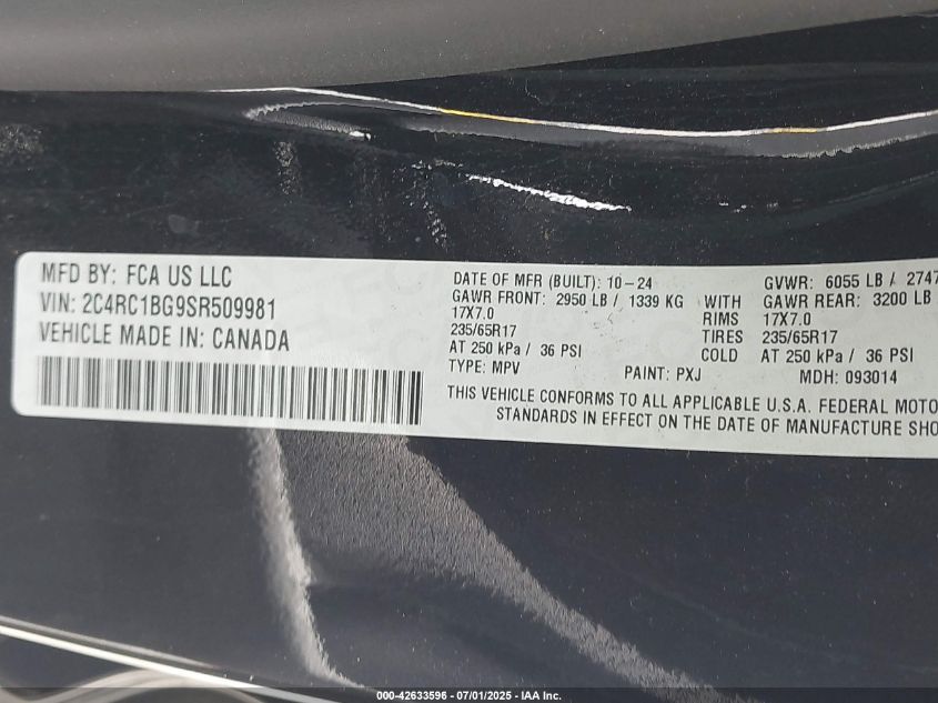 2025 Chrysler Pacifica Select VIN: 2C4RC1BG9SR509981 Lot: 42633596