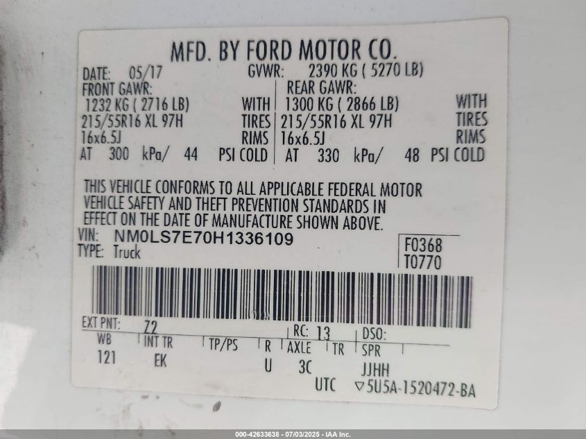 2017 Ford Transit Connect Xl VIN: NM0LS7E70H1336109 Lot: 42633638