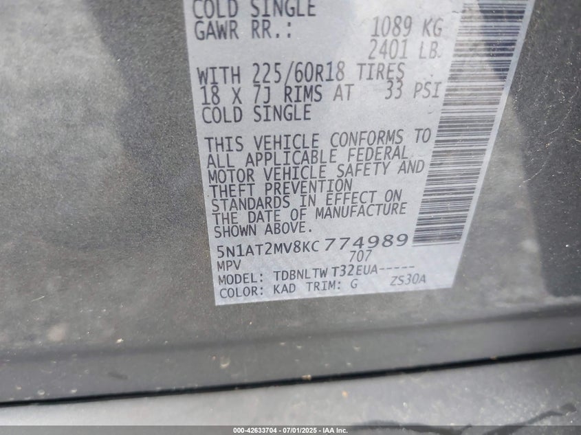 2019 NISSAN ROGUE SV - 5N1AT2MV8KC774989