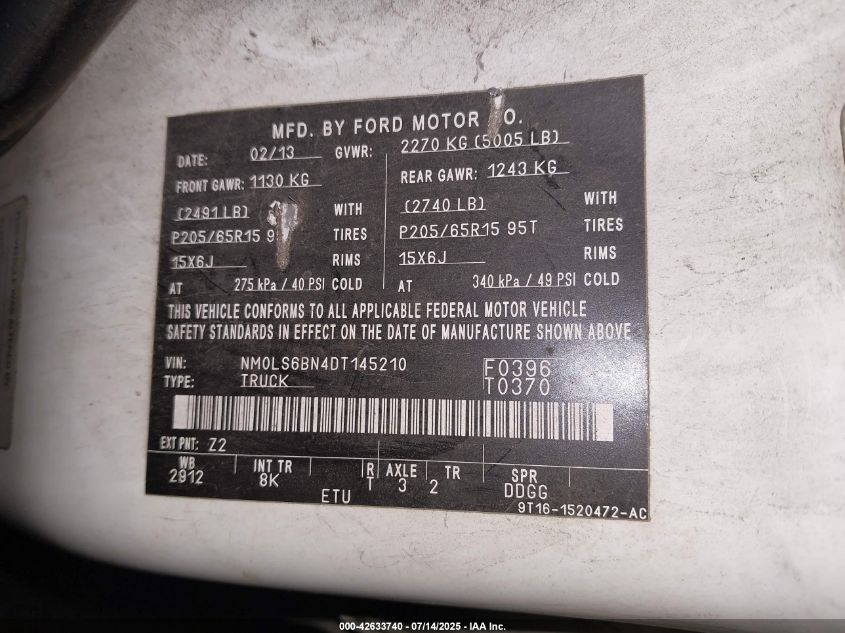 2013 Ford Transit Connect Xlt VIN: NM0LS6BN4DT145210 Lot: 42633740