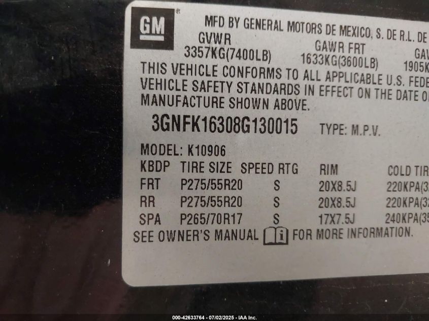 2008 Chevrolet Suburban 1500 Ltz VIN: 3GNFK16308G130015 Lot: 42633764