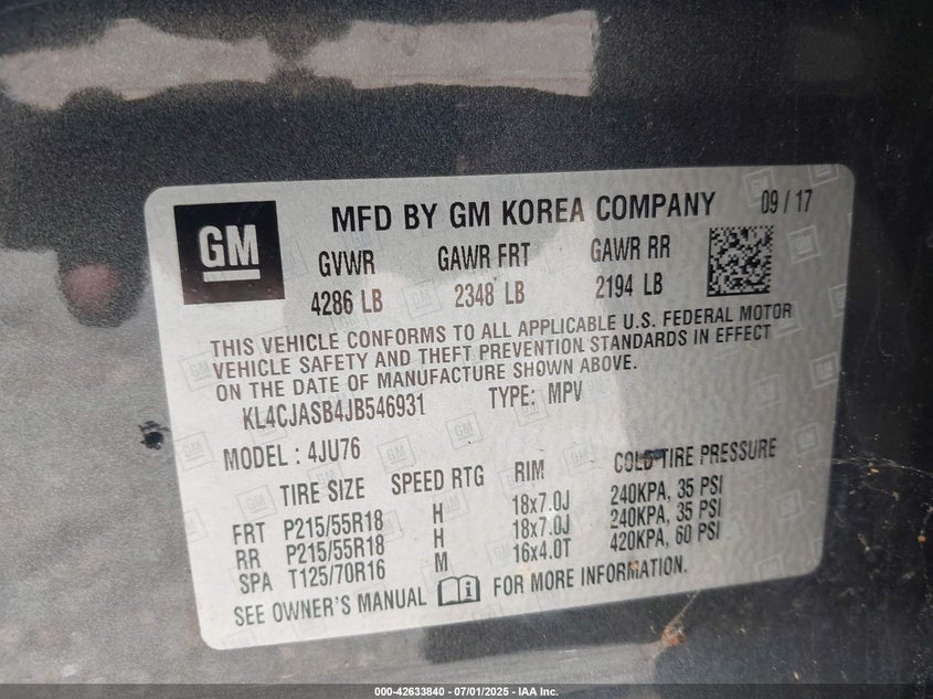 2018 BUICK ENCORE VIN: KL4CJASB4JB546931