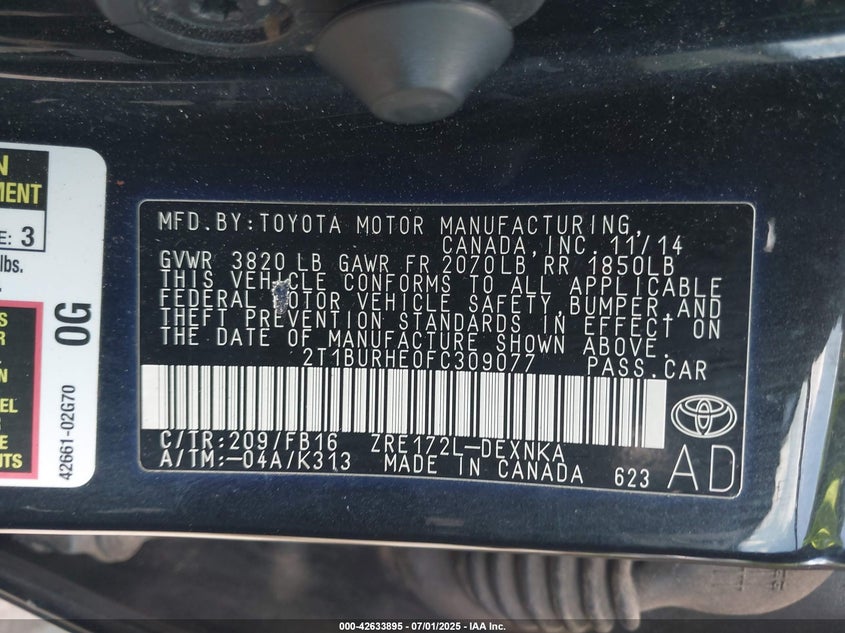 2015 TOYOTA COROLLA LE - 2T1BURHE0FC309077