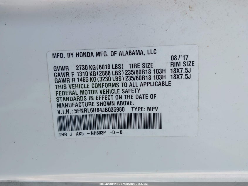 2018 HONDA ODYSSEY TOURING - 5FNRL6H84JB035980