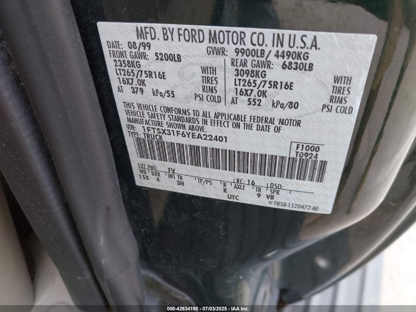 2000 Ford F-350 Lariat/Xl/Xlt VIN: 1FTSX31F6YEA22401 Lot: 42634190