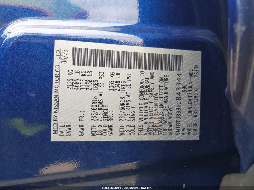 2023 NISSAN ROGUE VIN: 5N1BT3BB9PC843344