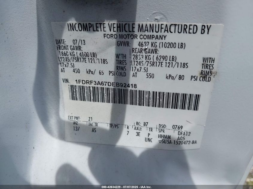 2013 Ford F-350 Xl VIN: 1FDRF3A67DEB92418 Lot: 42634229