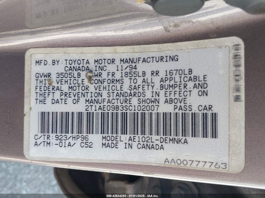 1995 Toyota Corolla Le/Dx VIN: 2T1AE09B3SC102007 Lot: 42634293