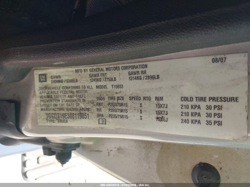 2008 CHEVROLET COLORADO VIN: 1GCDT19E388119851