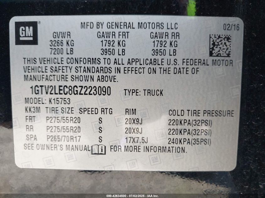 2016 GMC Sierra 1500 VIN: 1GTV2LEC8GZ223090 Lot: 42634500