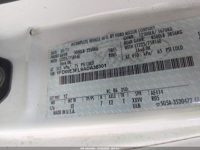 2010 Ford E-350 Cutaway VIN: 1FDWE3FL9ADA38301 Lot: 42634504